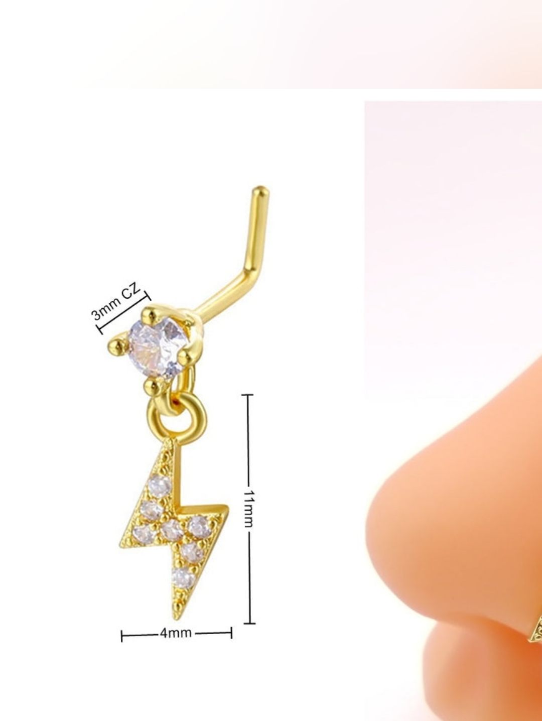 Gold Lightning Bolt Cz Nose Stud  Gold Cubic Zirconia Nose Ring